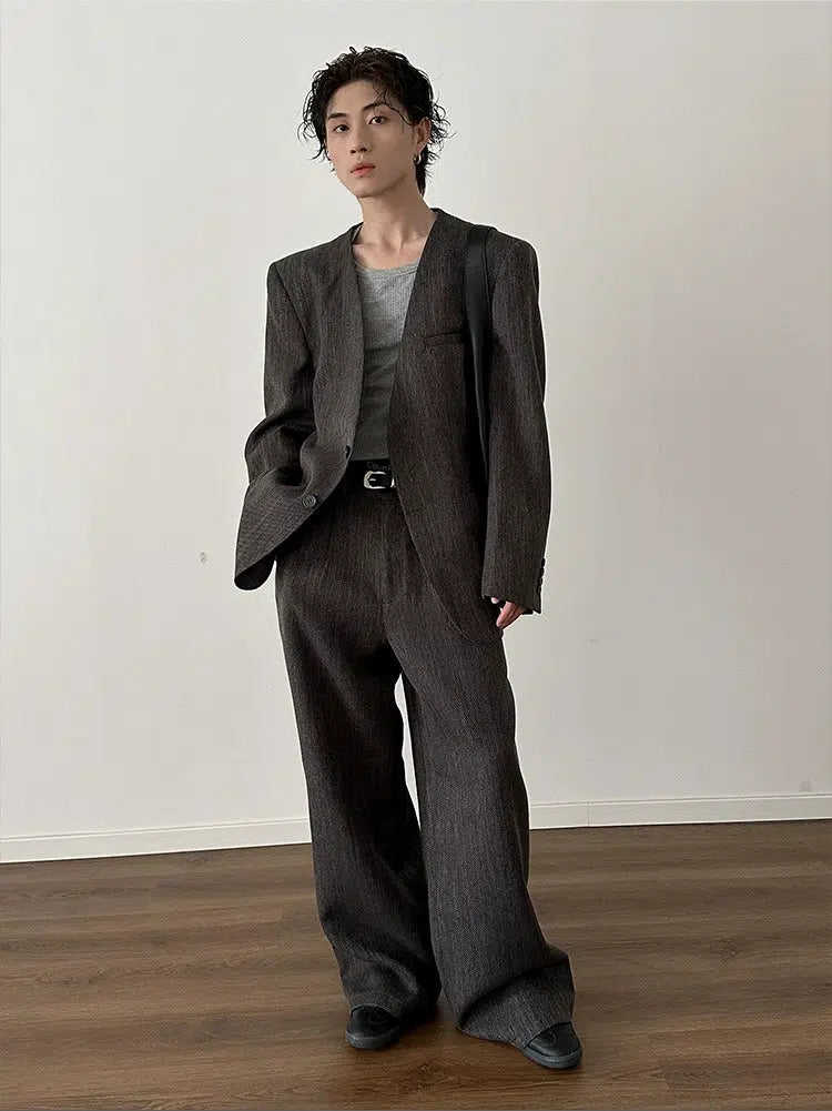 Retro Woven Suit Blazer Wide-Leg Pants Set