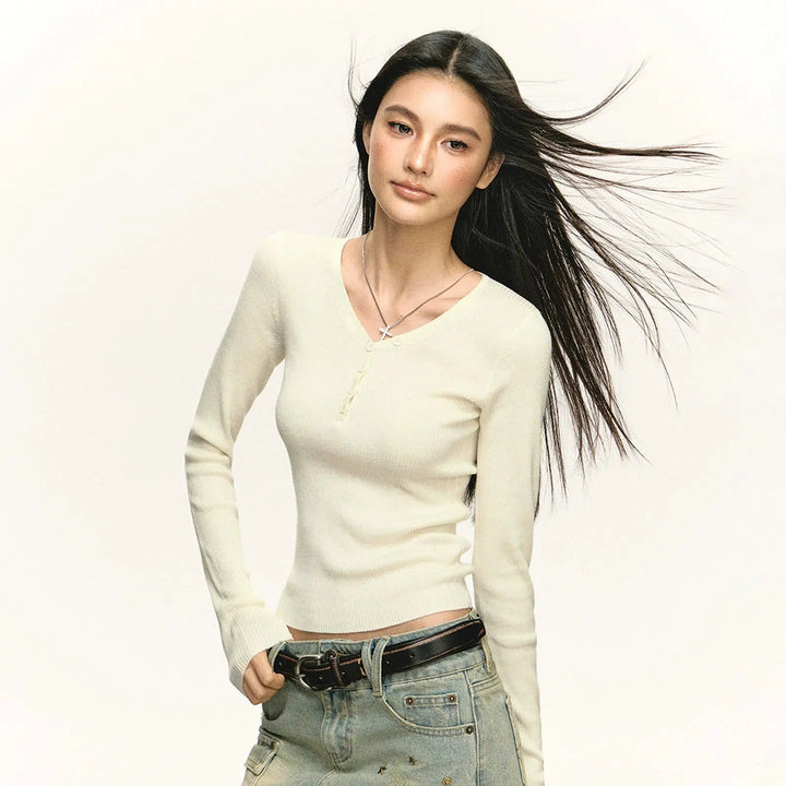 Ribbed Button Knit Top