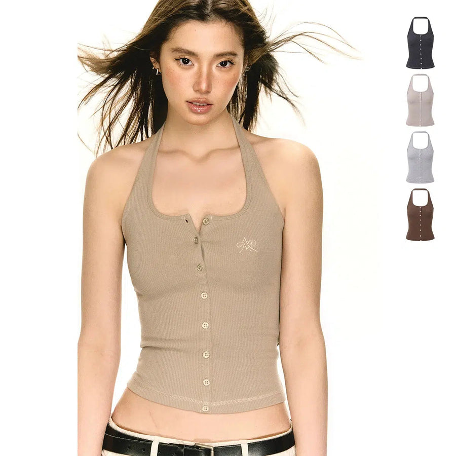 Ribbed Button-Up Halter Tank Top with Embroidered Logo