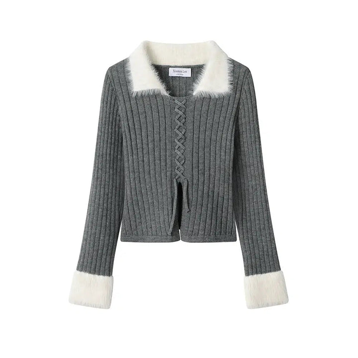 Faux Fur Collar Ribbed Knit Cardigan