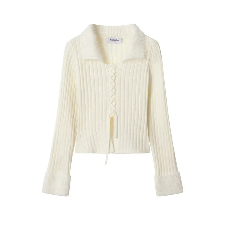 Faux Fur Collar Ribbed Knit Cardigan