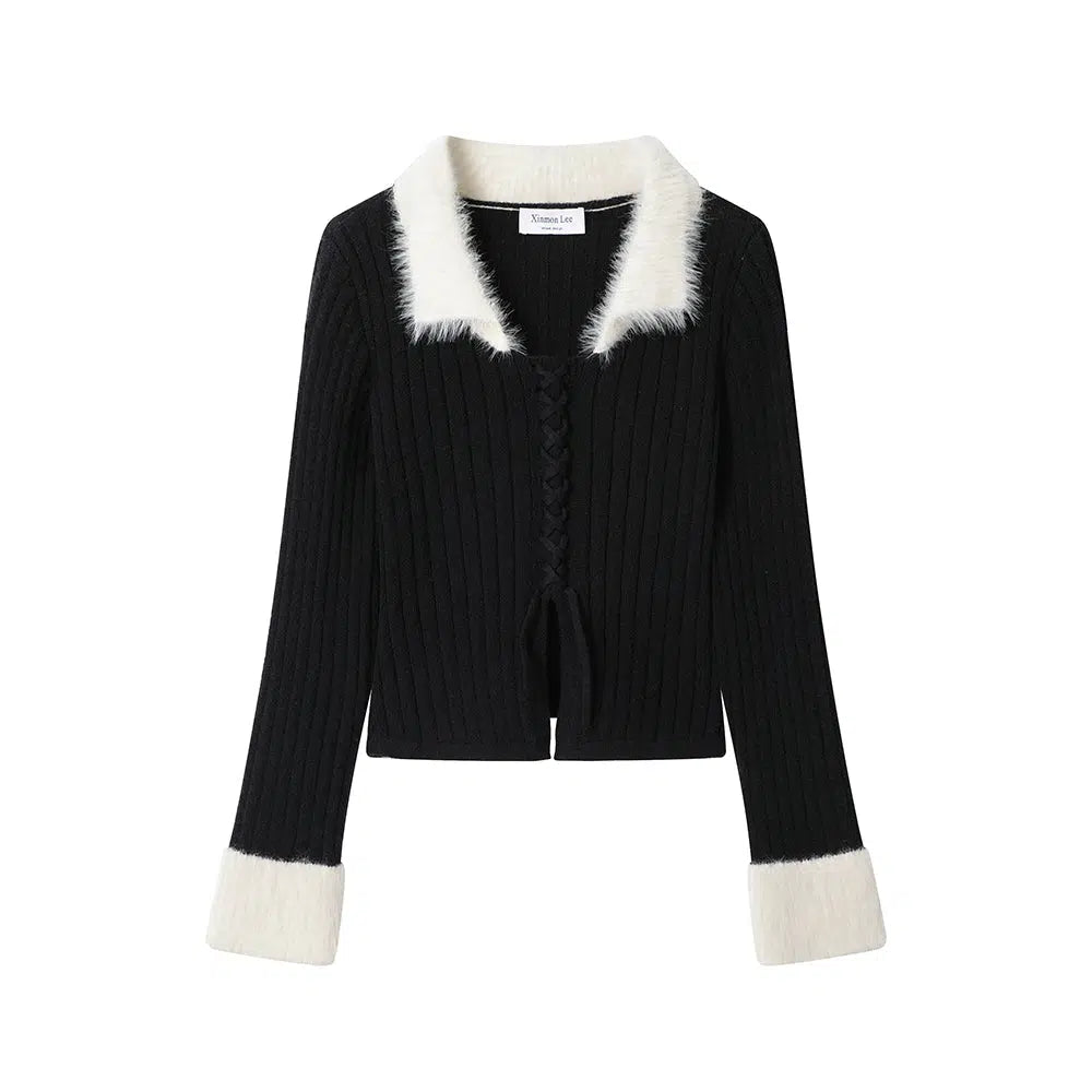 Faux Fur Collar Ribbed Knit Cardigan