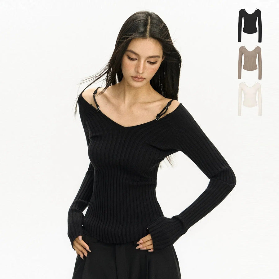 Ribbed Knit Sweater with Unique Strap Details