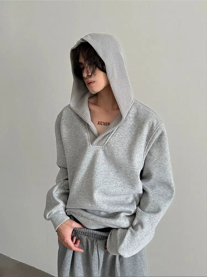 Ribbed V-neck Hooded Sweatshirt