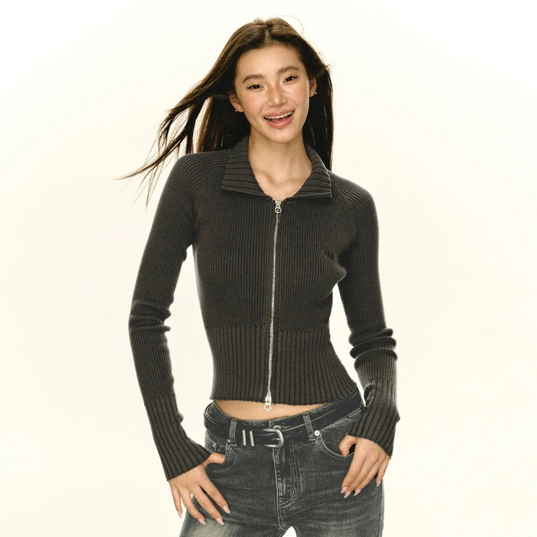 Ribbed Zip-Front Knit Sweater with Collar Detail