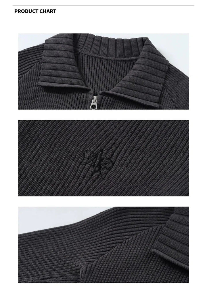 Ribbed Zip-Front Knit Sweater with Collar Detail