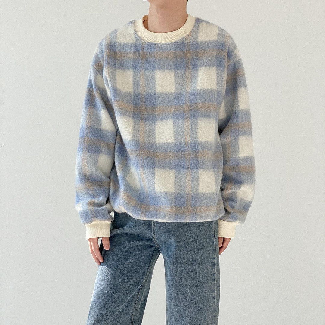 Round Neck Brushed Plaid Sweatshirt