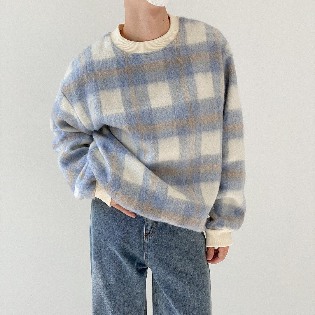 Round Neck Brushed Plaid Sweatshirt