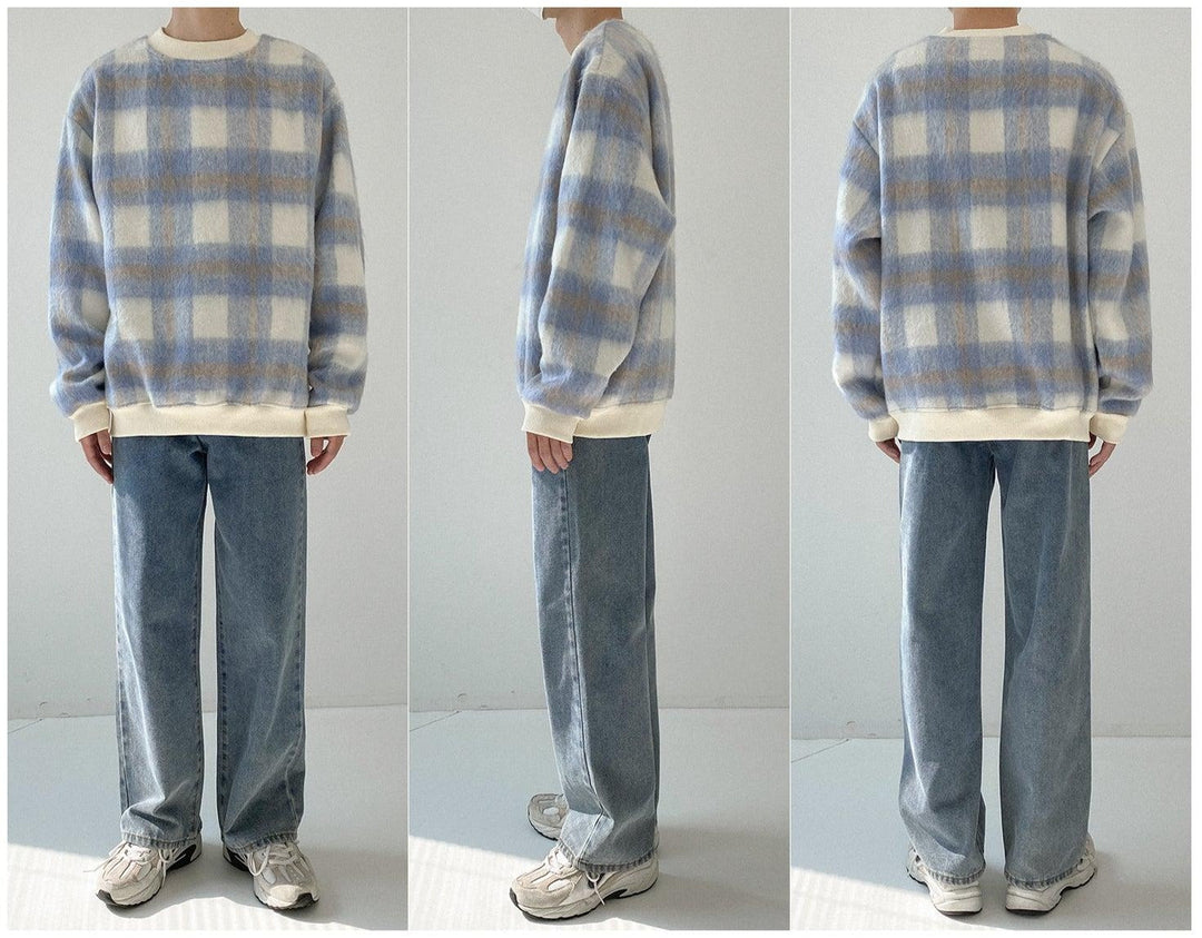 Round Neck Brushed Plaid Sweatshirt