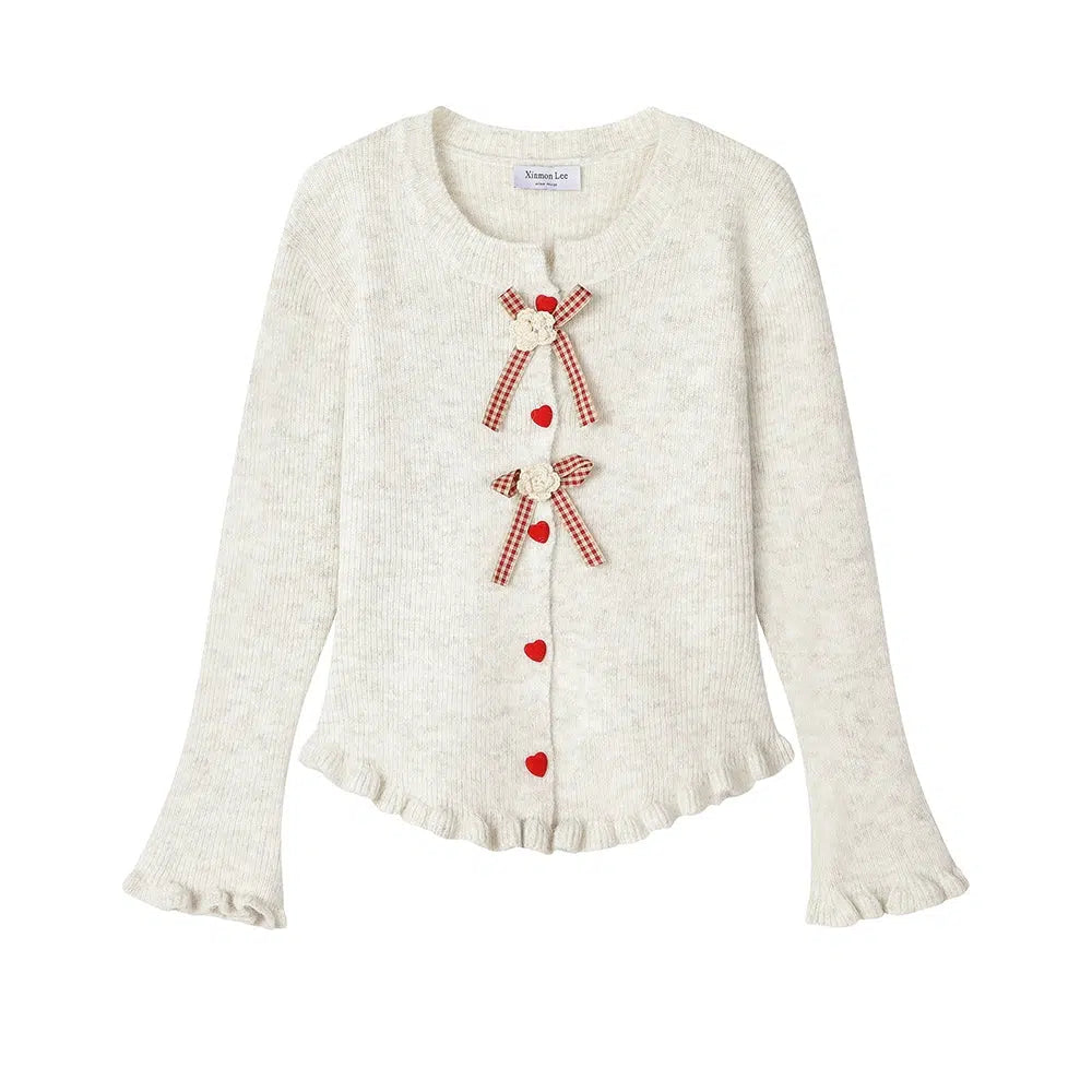 Bow Accents Ruffled Knit Cardigan