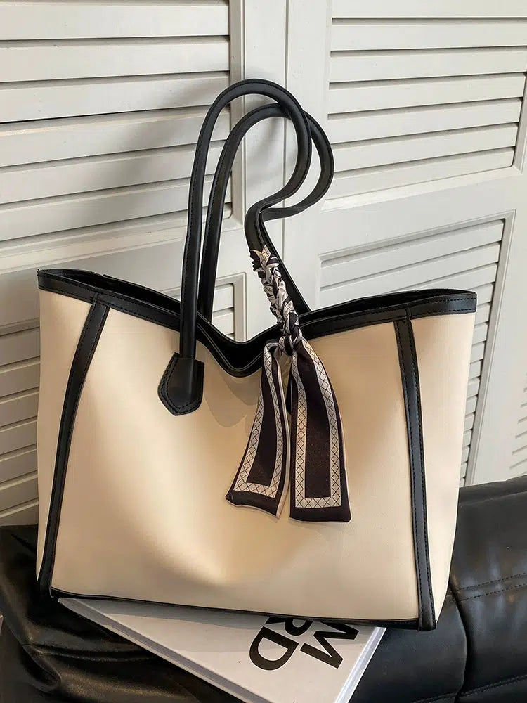 Scarf Accent Large Leather Trim Tote Bag