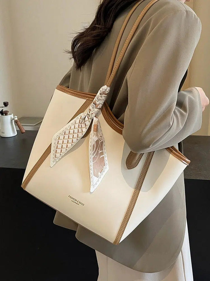 Scarf Accent Leather Tote Bag