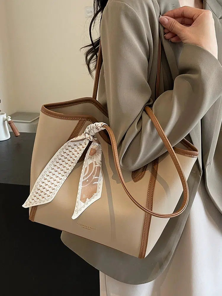 Scarf Accent Leather Tote Bag