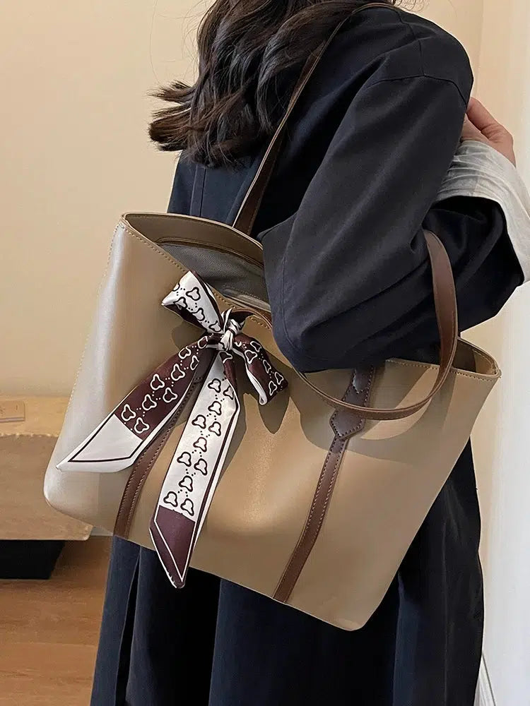 Scarf Embellished Leather Tote Bag