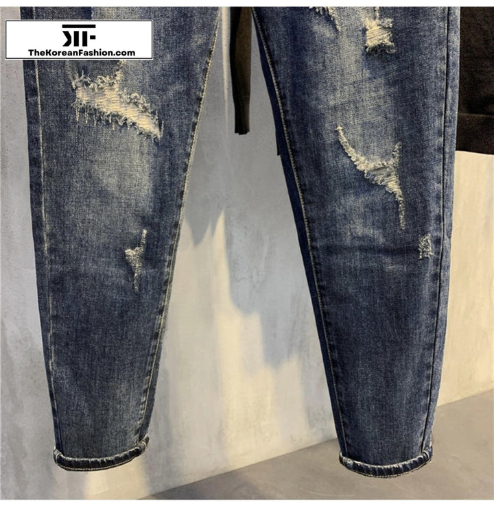 Scratched Ripped Denim Slim Jeans