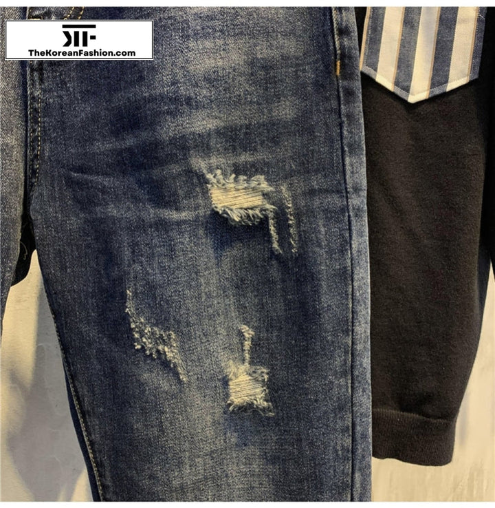 Scratched Ripped Denim Slim Jeans