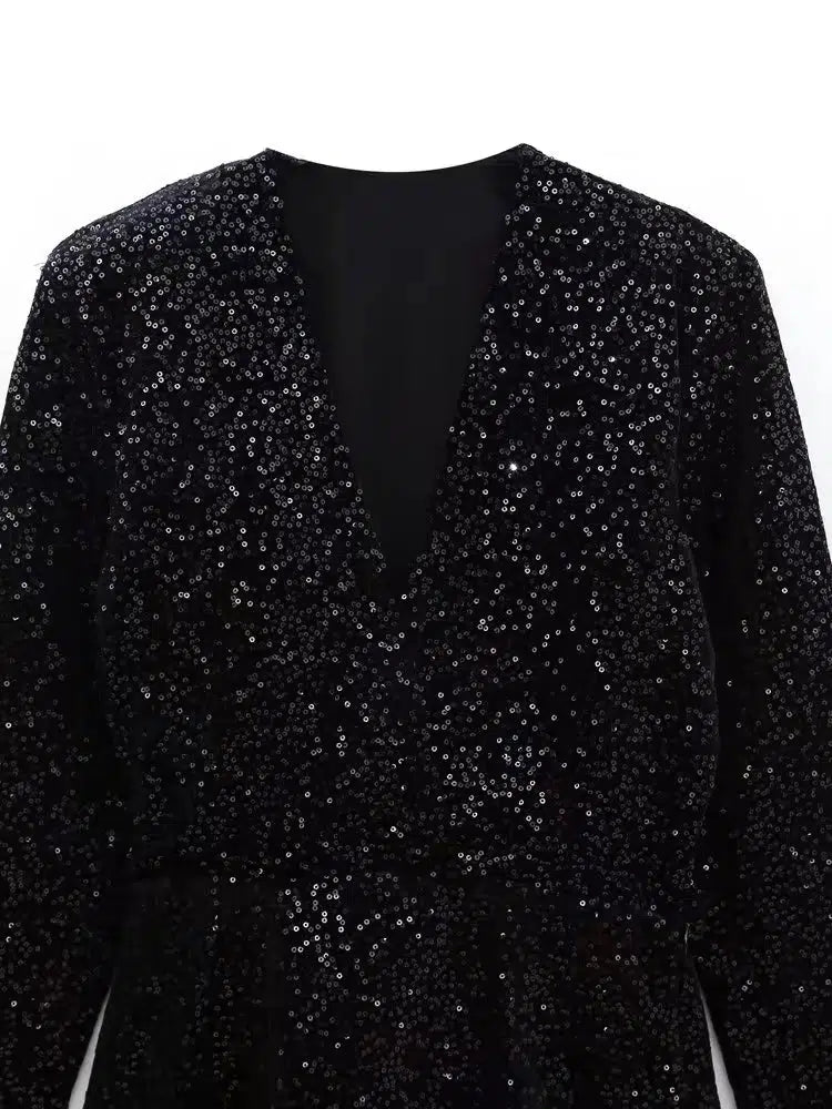 Sequin Long Sleeve V-Neck Dress