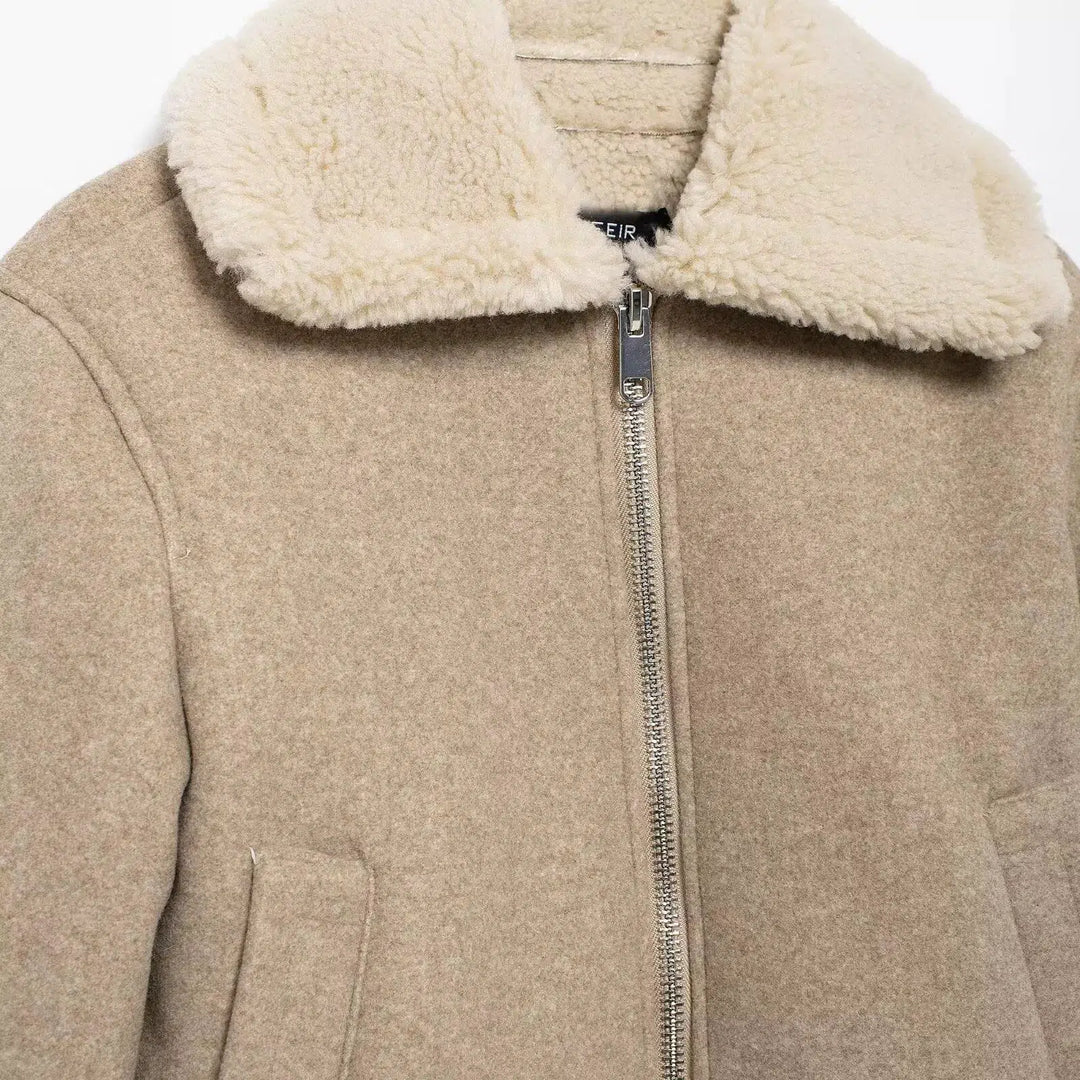 Shearling Collar Zip-Up Coat