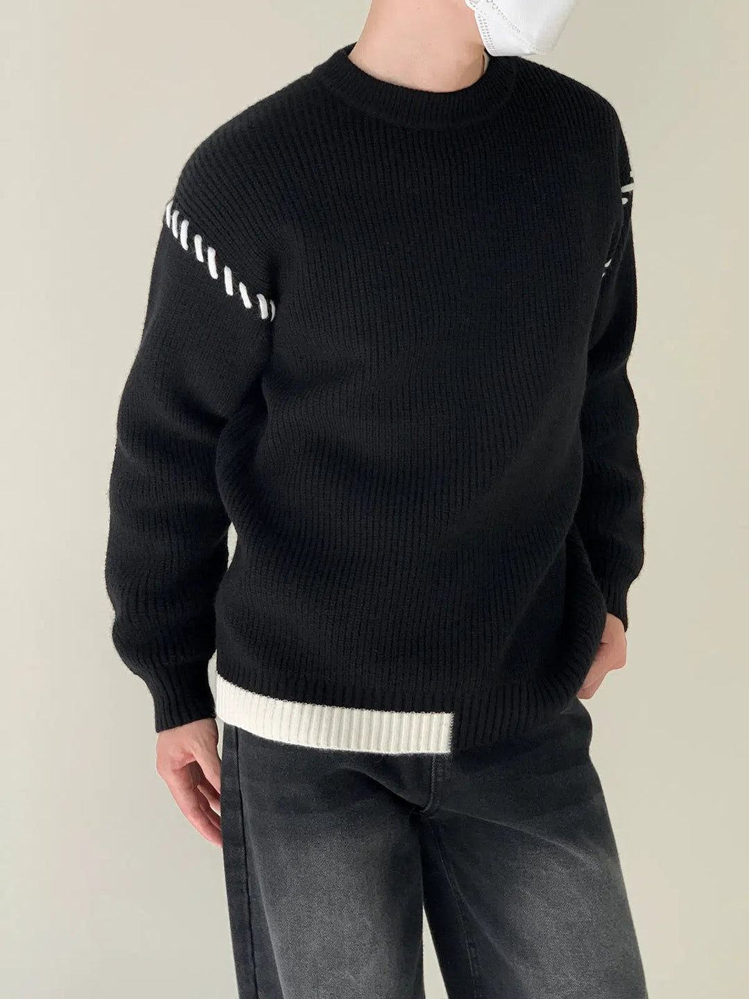 Shoulder Line Design Crew Neck Sweater