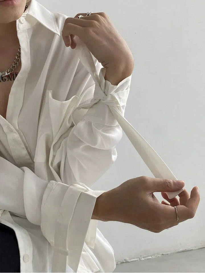 Silk Drape Ribbon Button-Up Shirt