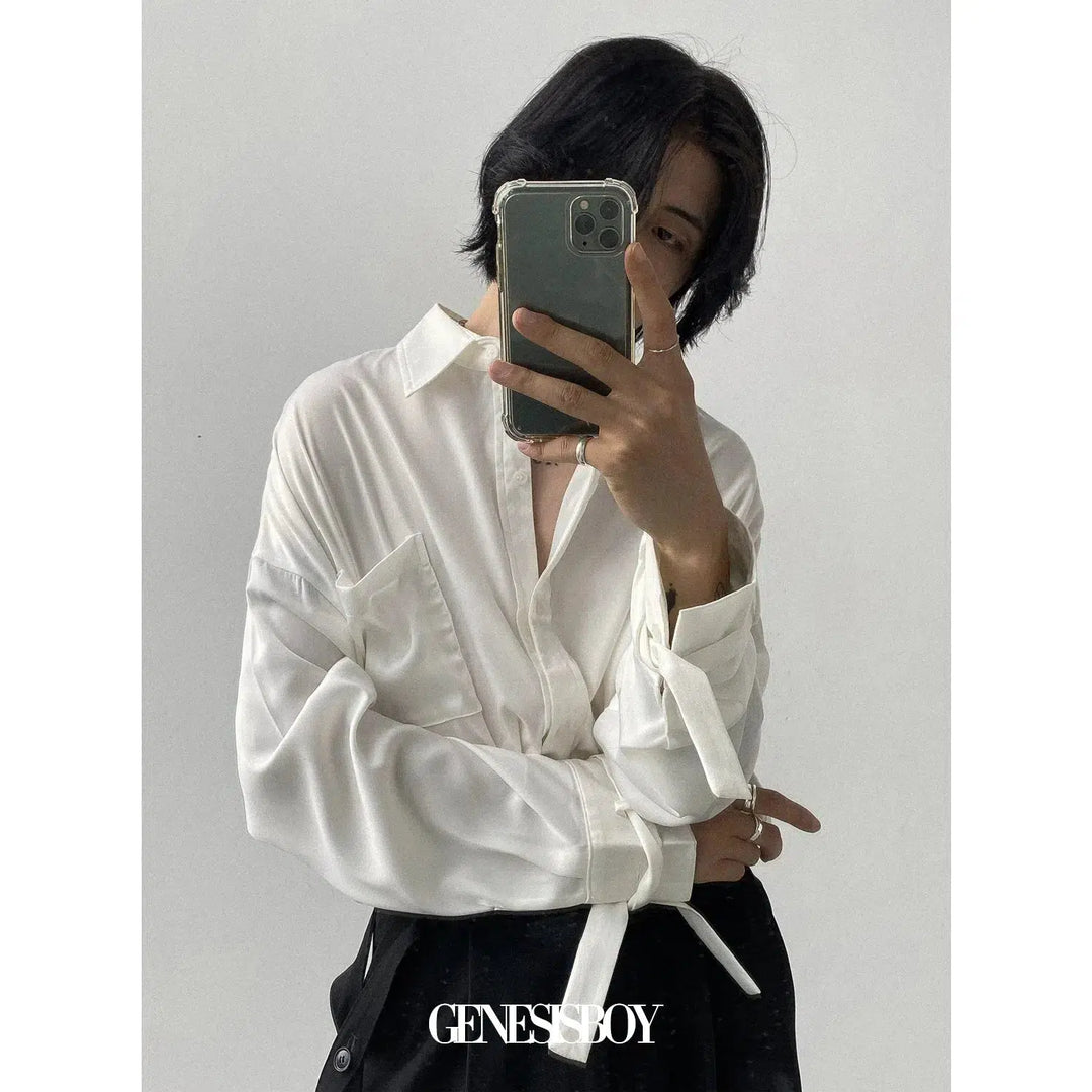 Silk Drape Ribbon Button-Up Shirt