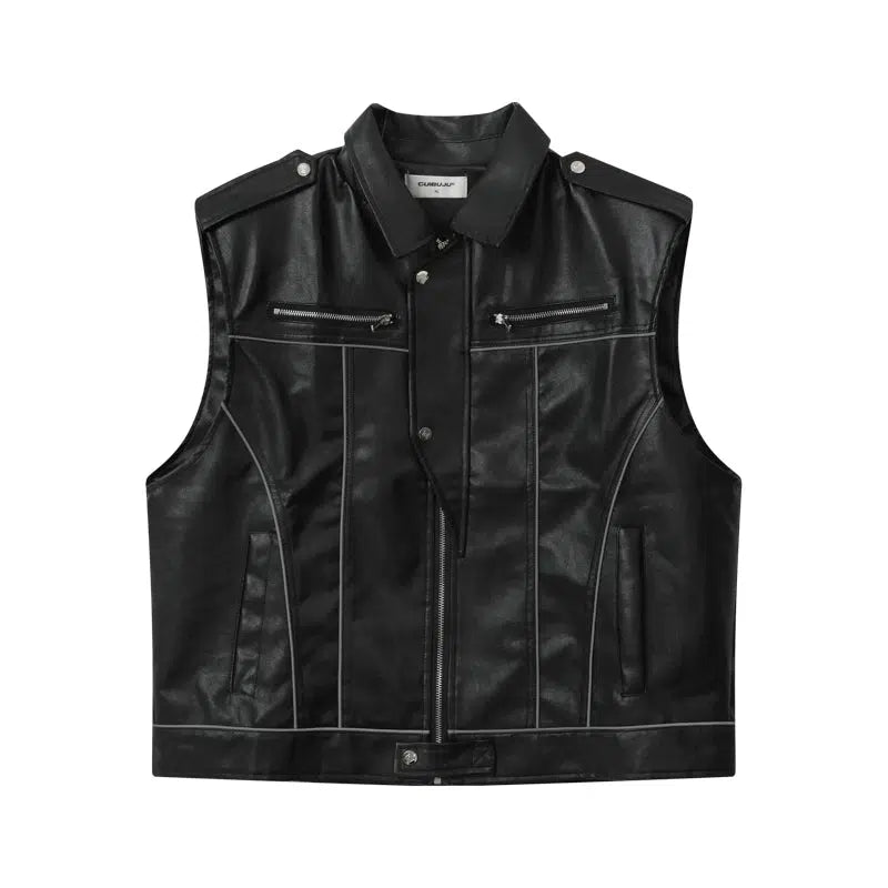 Sleeveless Leather Zip-up Jacket