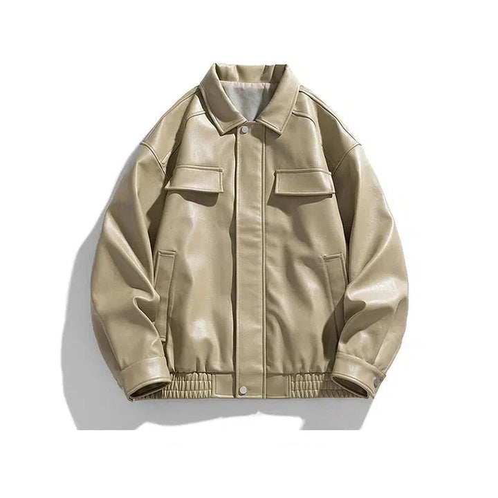 Snap Closure Faux Leather Bomber Jacket