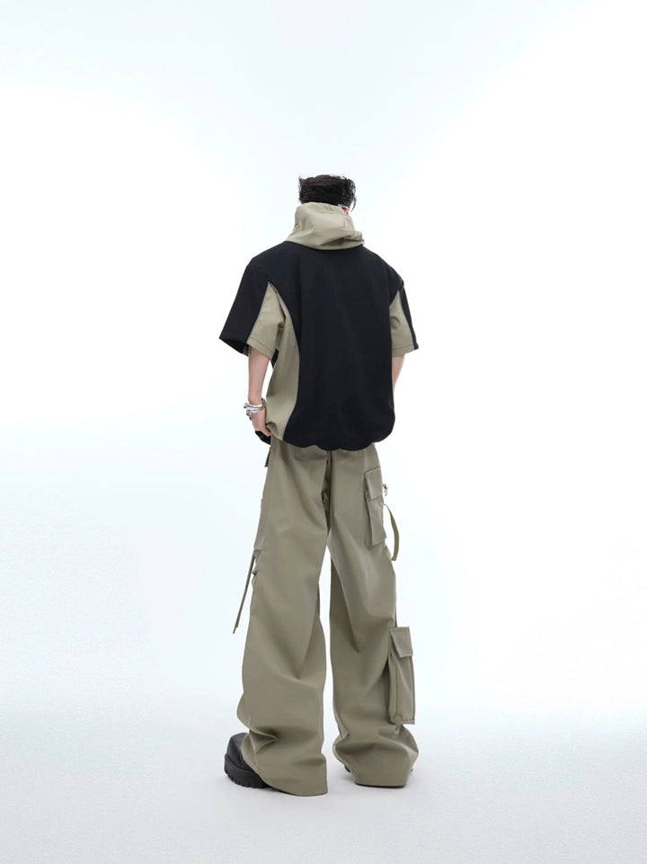 Splicing Hooded T-shirt Overalls Set