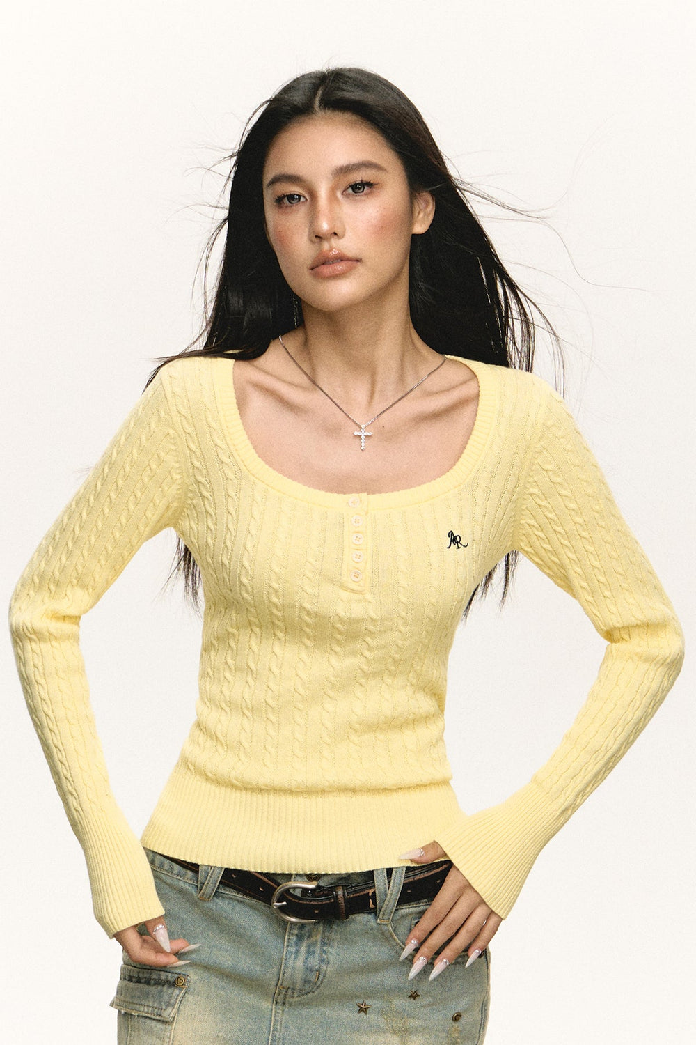 Square Neckline Cable Knit Sweater