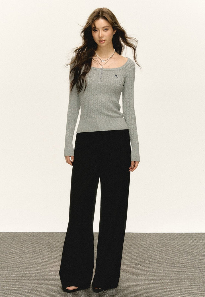 Square Neckline Cable Knit Sweater