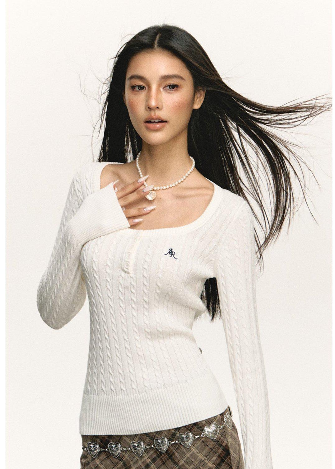 Square Neckline Cable Knit Sweater