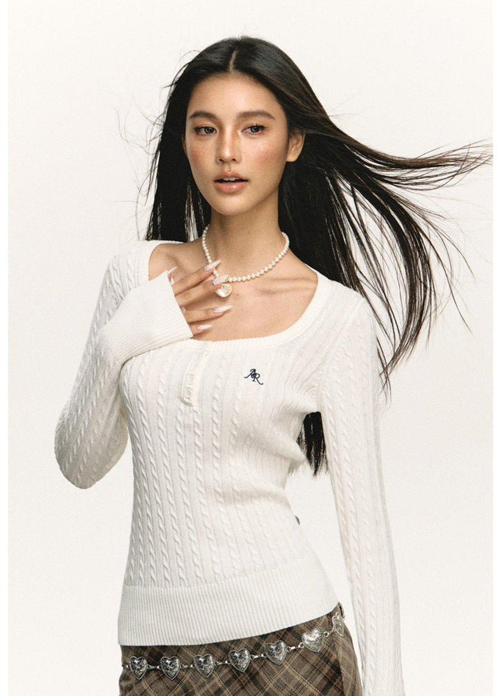 Square Neckline Cable Knit Sweater