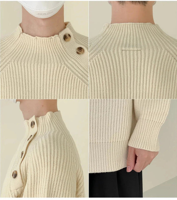 Stand-up Collar Sweater With Shoulder Button Design