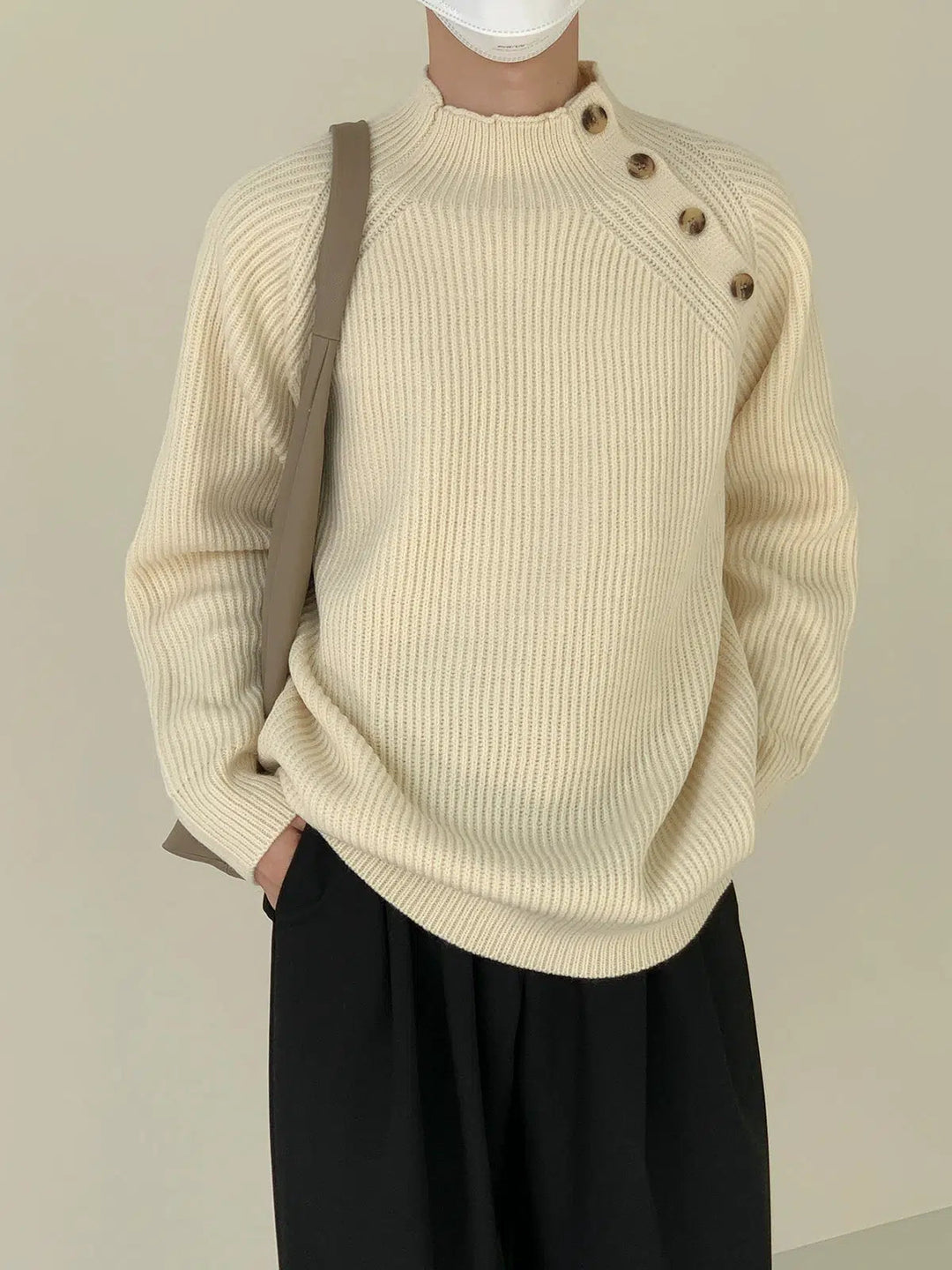 Stand-up Collar Sweater With Shoulder Button Design