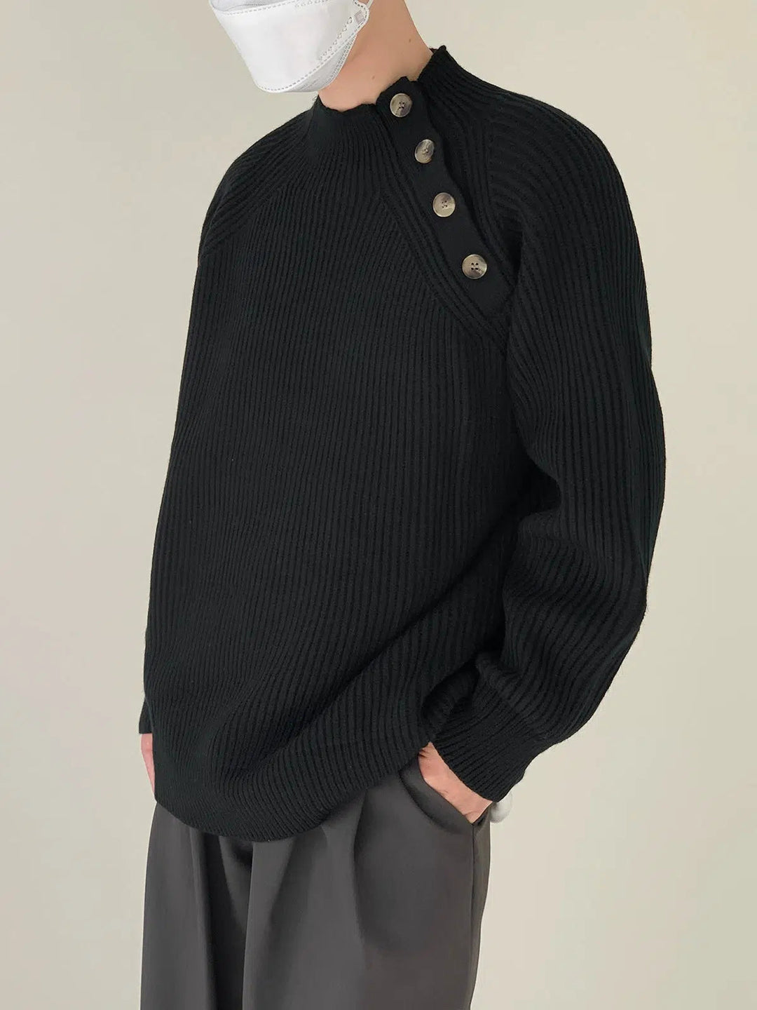 Stand-up Collar Sweater With Shoulder Button Design