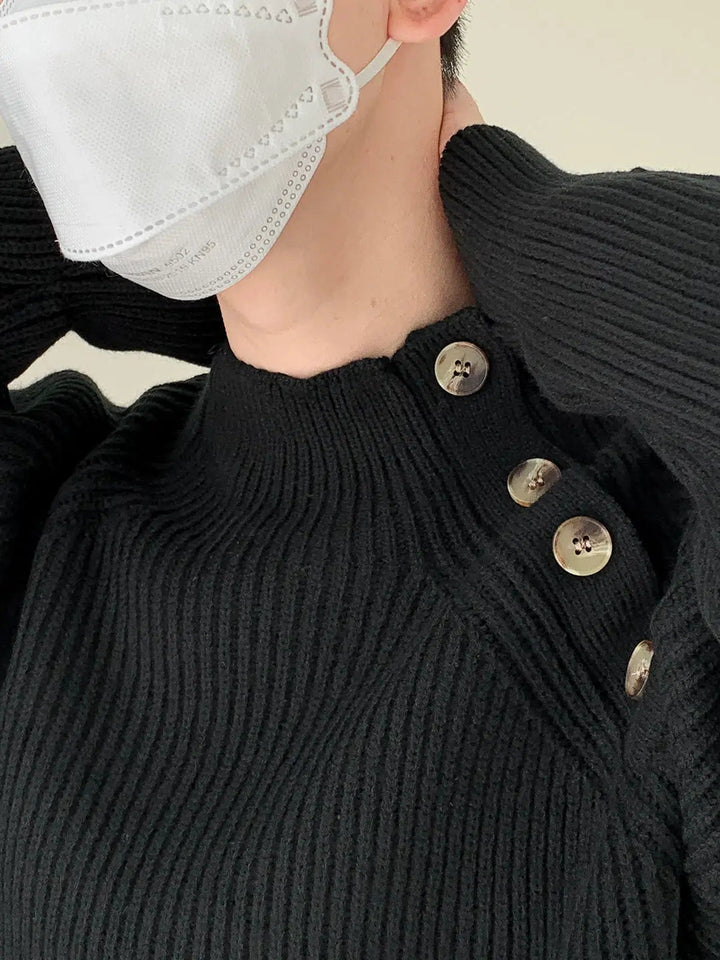 Stand-up Collar Sweater With Shoulder Button Design