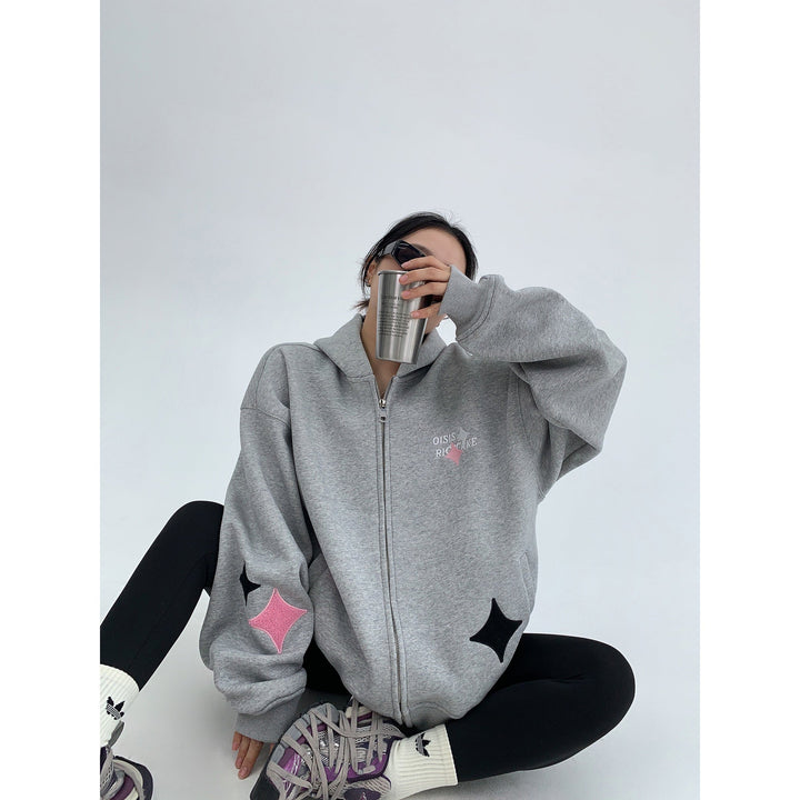 Star Accents Oversized Zip-Up Hoodie