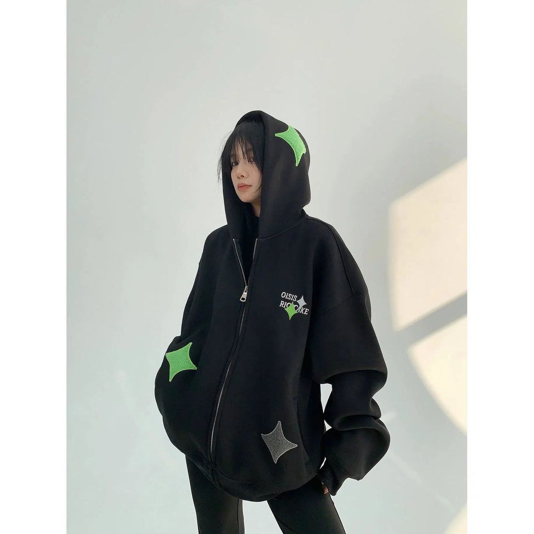 Star Accents Oversized Zip-Up Hoodie