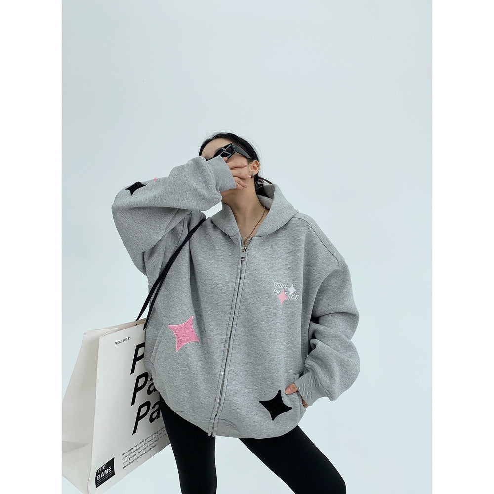 Star Accents Oversized Zip-Up Hoodie