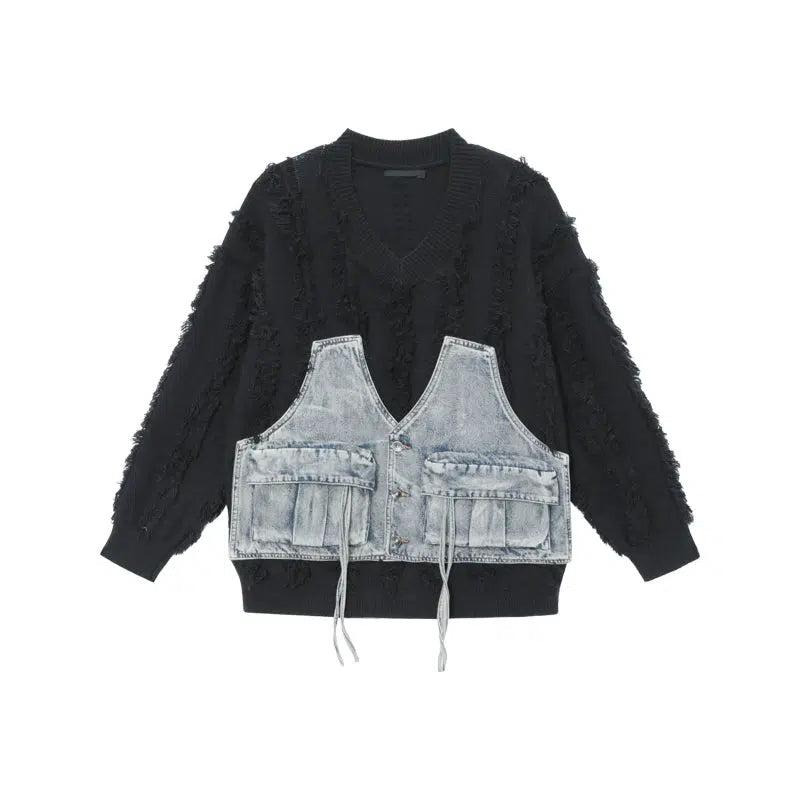 Stitching Patchwork Fringe Sweater