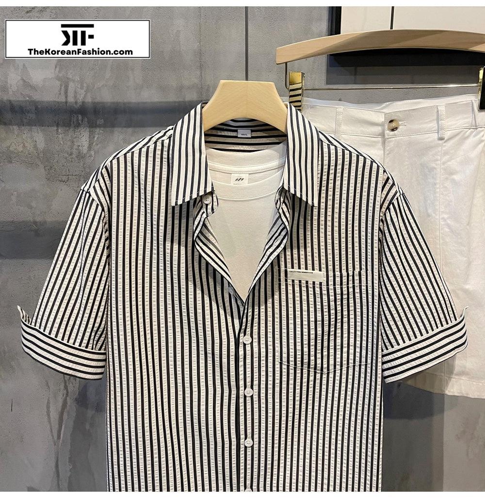 Striped Lapel Short Sleeve