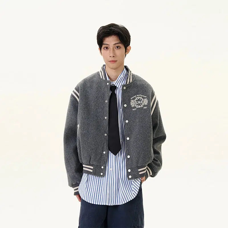 Striped Sleeves Embroidered Varsity Jacket