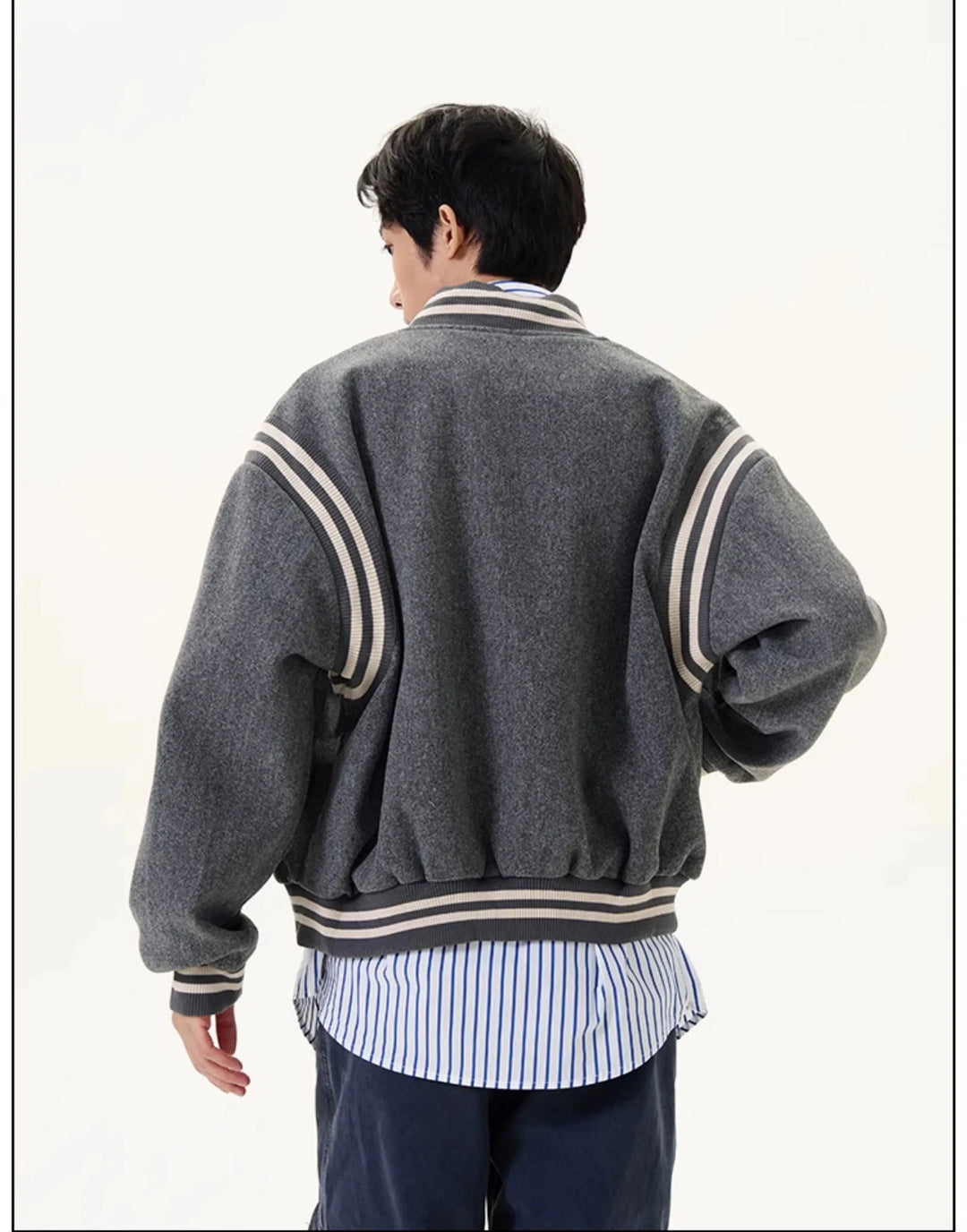 Striped Sleeves Embroidered Varsity Jacket