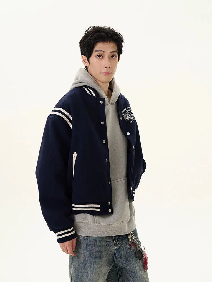 Striped Sleeves Embroidered Varsity Jacket