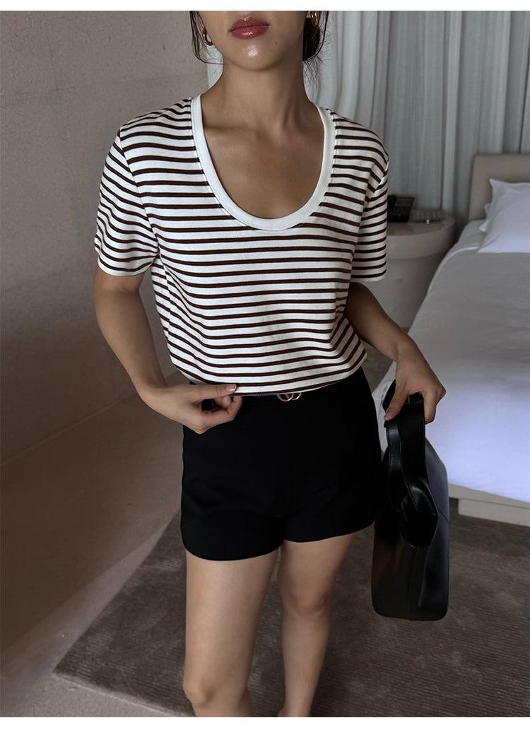 Striped U-neck T-shirt