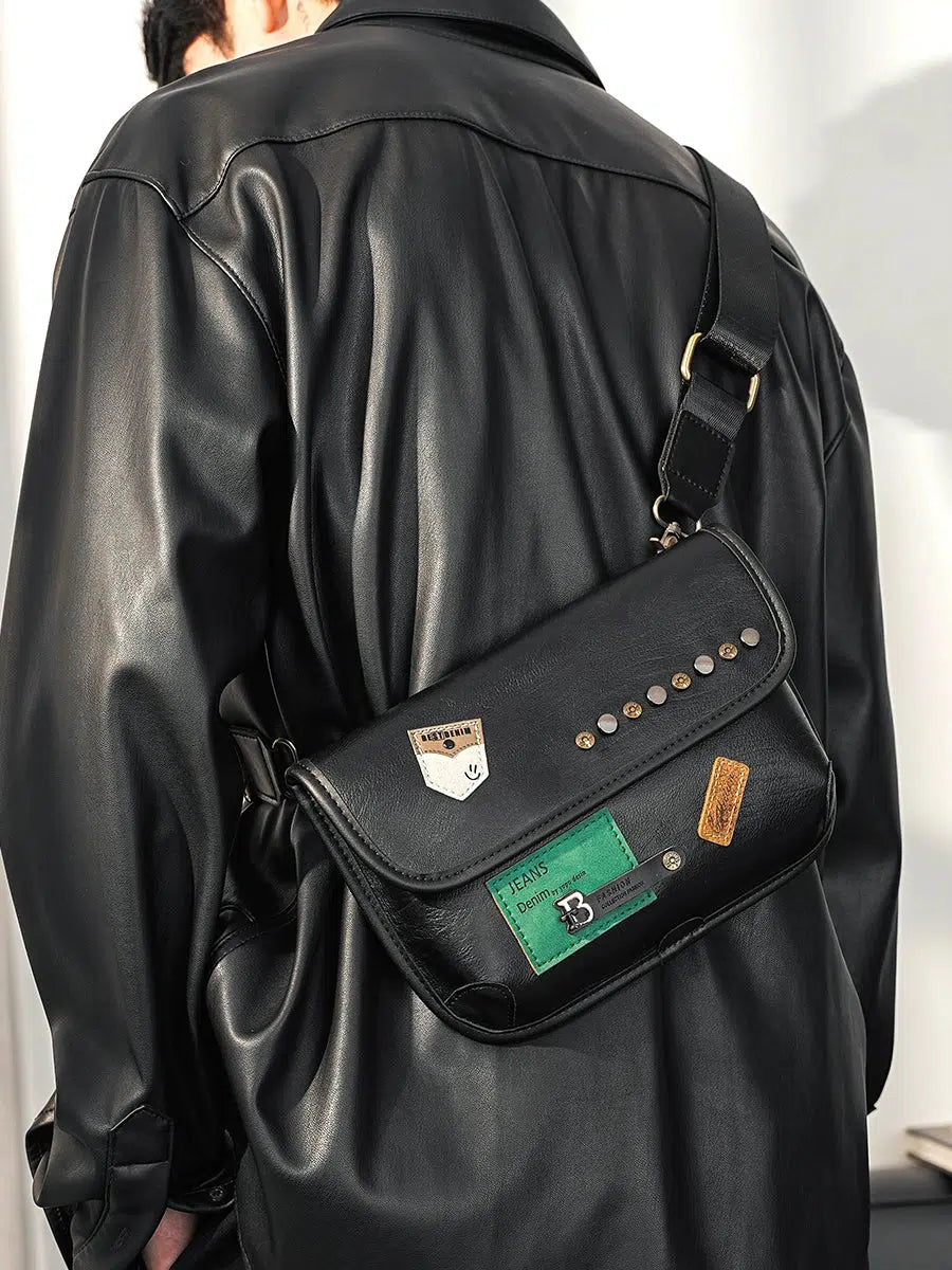 Stylish Leather Chest Bag with Patch Accents