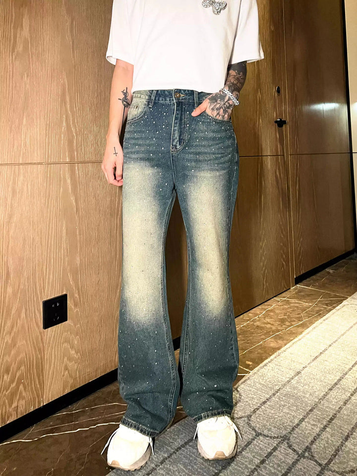 Stylish Rhinestone-Embellished Straight-Leg Jeans