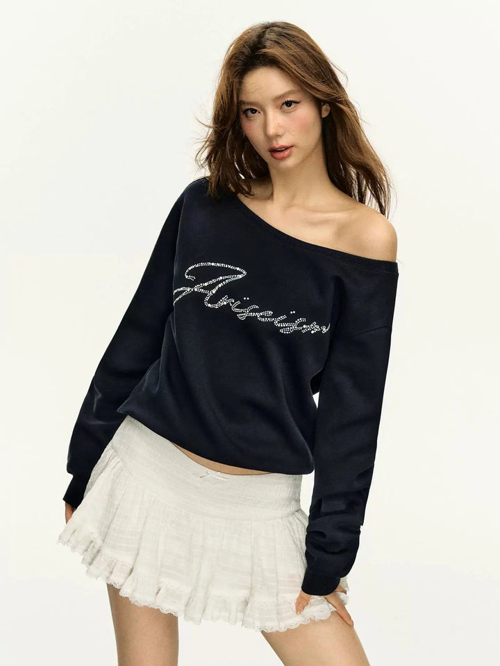 Stylish Rhinestone Off-Shoulder Sweatshirt