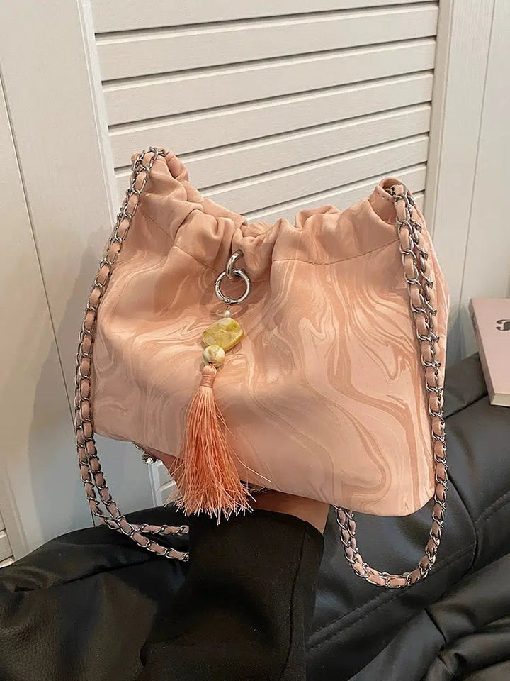 Tassel Accent Braided Handle Bucket Bag