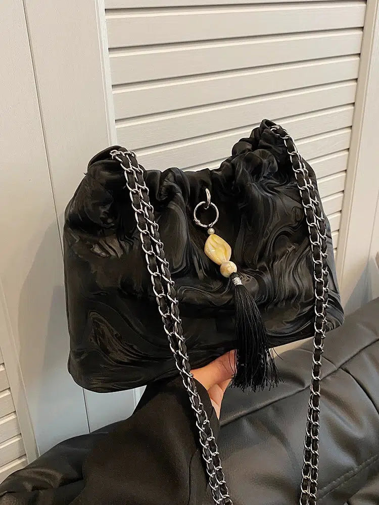 Tassel Accent Braided Handle Bucket Bag